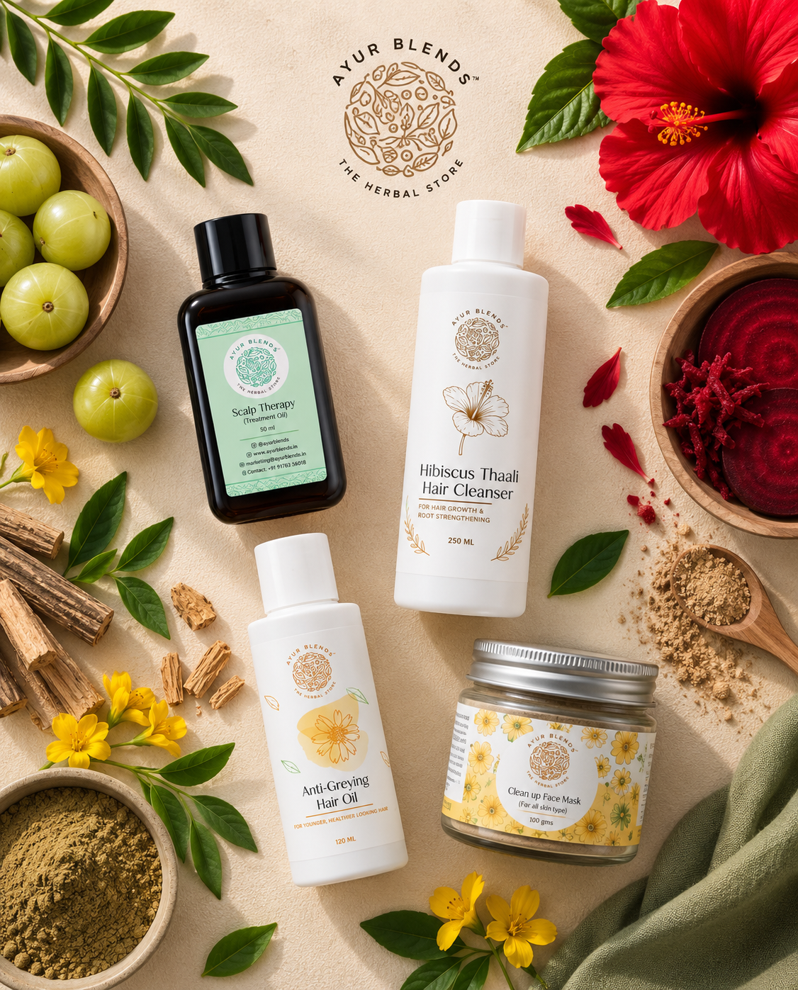 flat lay Ayur blends products