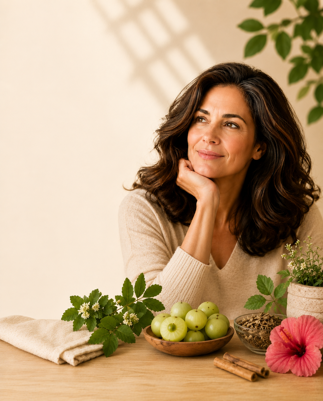 Woman with healthy hair after 40 surrounded by Ayurvedic herbs including amla, brahmi, and hibiscus, illustrating natural solutions for hair thinning and scalp health.