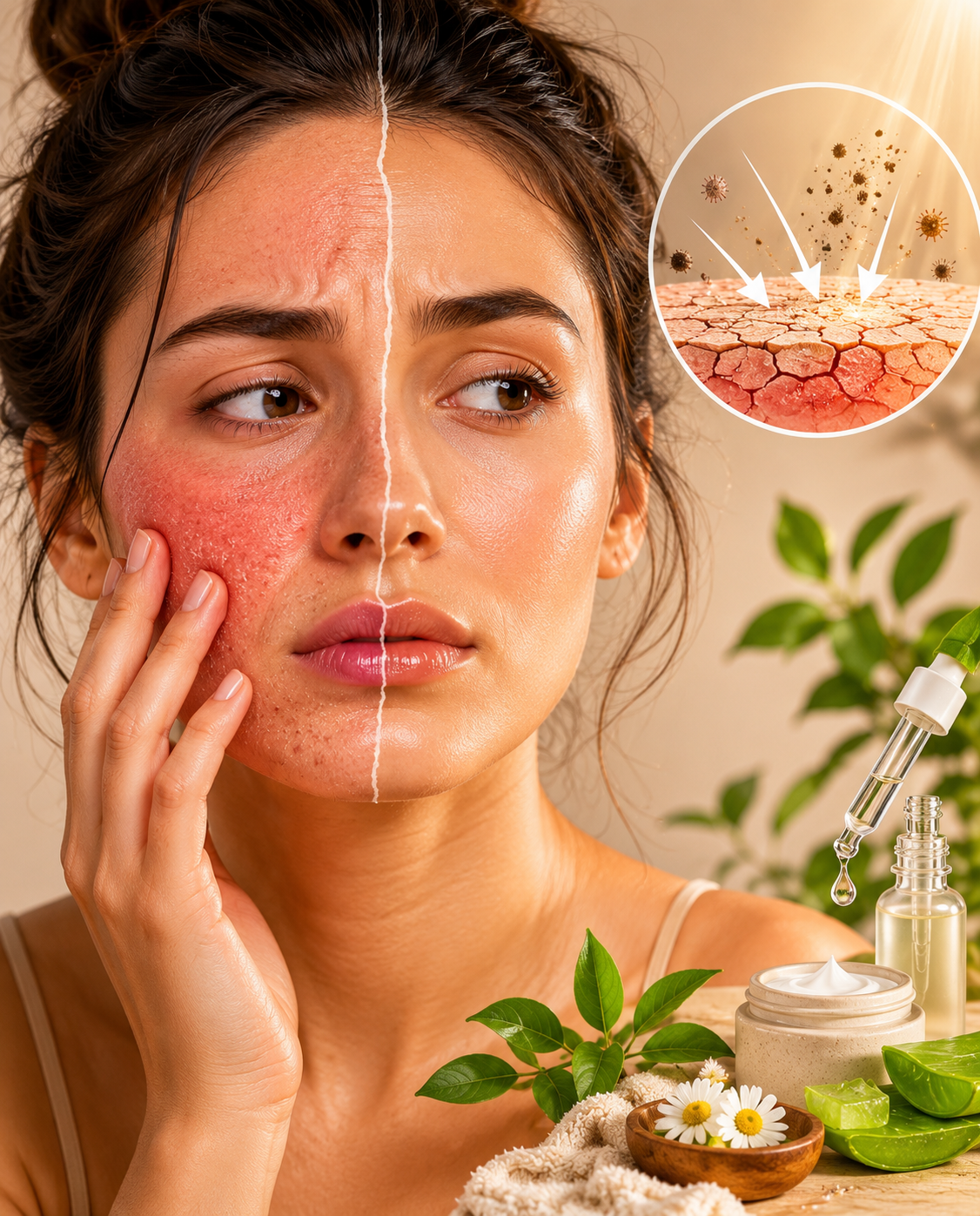 Woman showing signs of skin barrier damage with dry, irritated skin contrasted against healthy skin, illustrating skin sensitivity, dehydration, redness, and natural skin barrier repair.