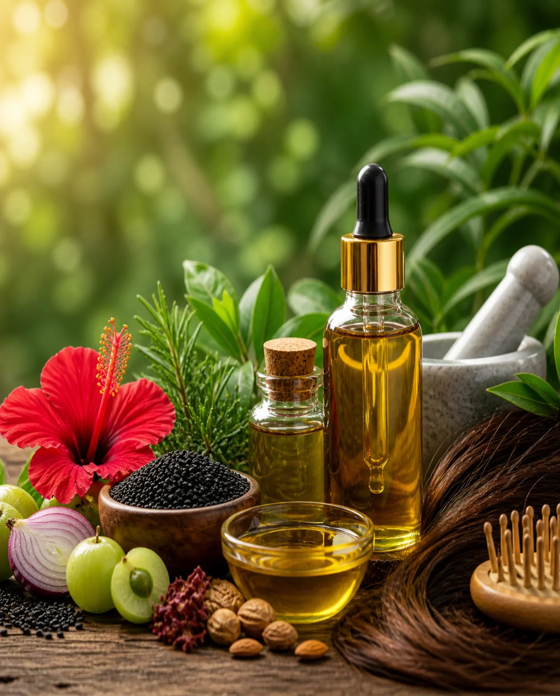 Best Ayurvedic hair oil for hair fall and hair regrowth featuring traditional ingredients like amla, hibiscus, black sesame, and nourishing herbal oils for stronger, healthier hair and scalp wellness.
