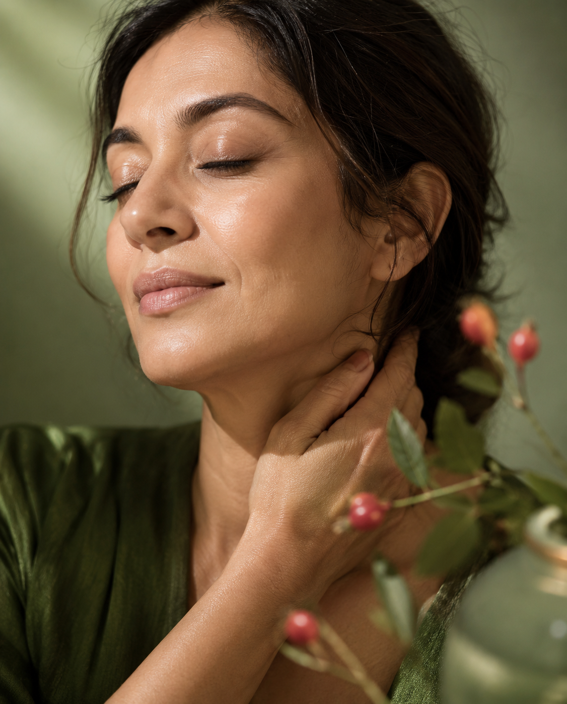 Woman's skin with natural fine lines beside rosehip and saffron botanicals, representing natural anti-aging skincare for fine lines and wrinkles