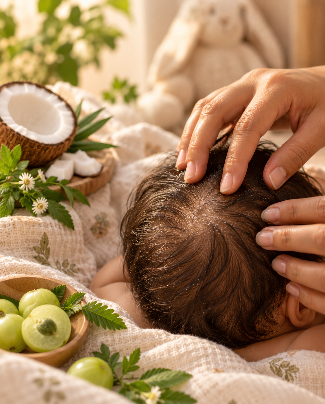 Parent massaging warm oil into baby's scalp for natural cradle cap treatment