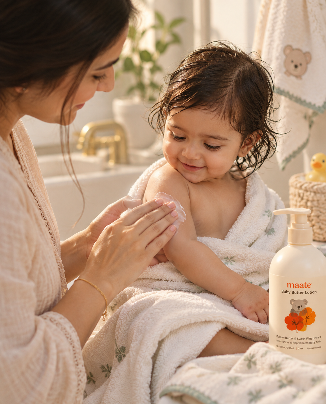 Parent applying hypoallergenic lotion to baby's skin for dry skin and eczema care