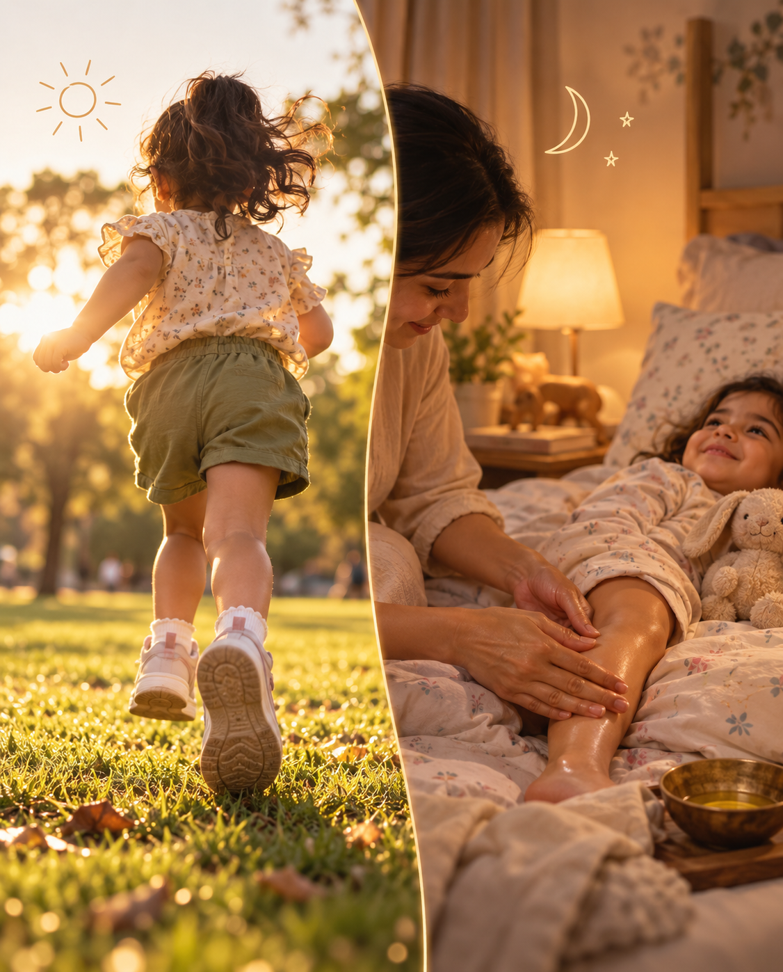 Child running in park transitioning to bedtime, illustrating daytime activity and nighttime growing pains