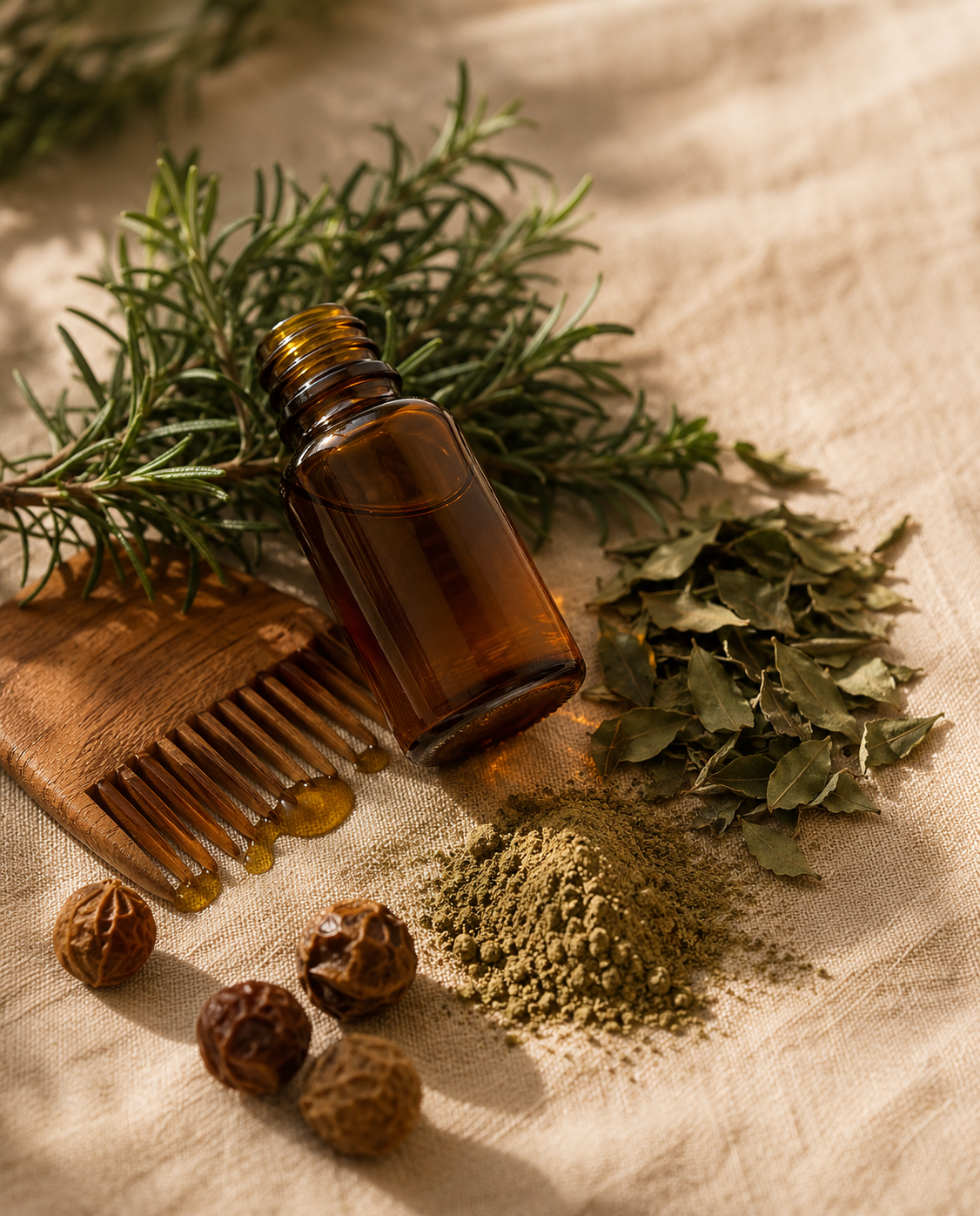 Amber bottle of herbal hair oil with rosemary, curry leaves, and bhringraj powder, styled for a weekly Ayurvedic hair oiling ritua