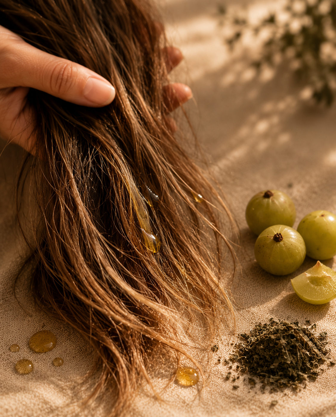 Close-up of dry brown-blonde hair with nourishing herbal oil drops, fresh amla, and bhringraj herb on a beige linen background, representing natural Ayurvedic hair care for dry and damaged hair.