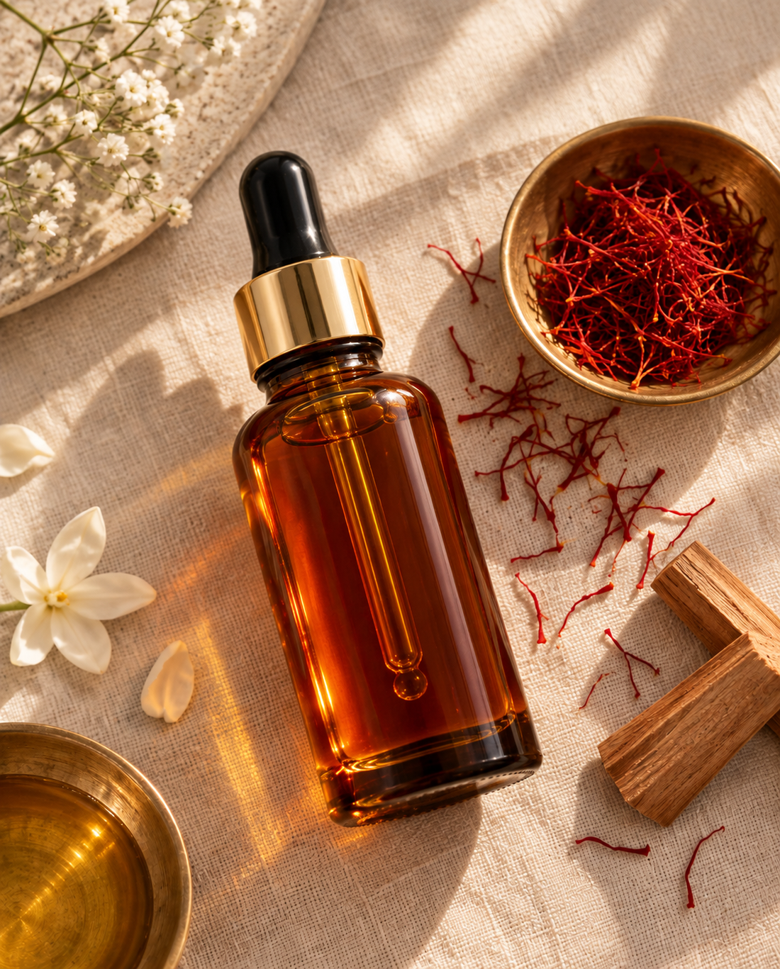 Kumkumadi oil dropper bottle with saffron threads for ayurvedic anti-aging skincare