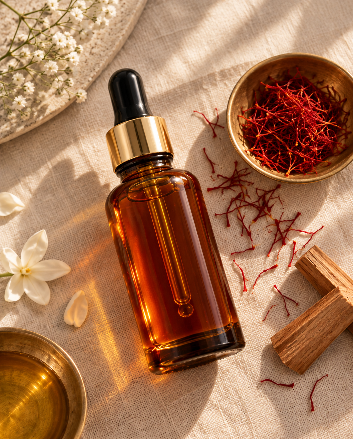 Kumkumadi oil dropper bottle with saffron threads for ayurvedic anti-aging skincare