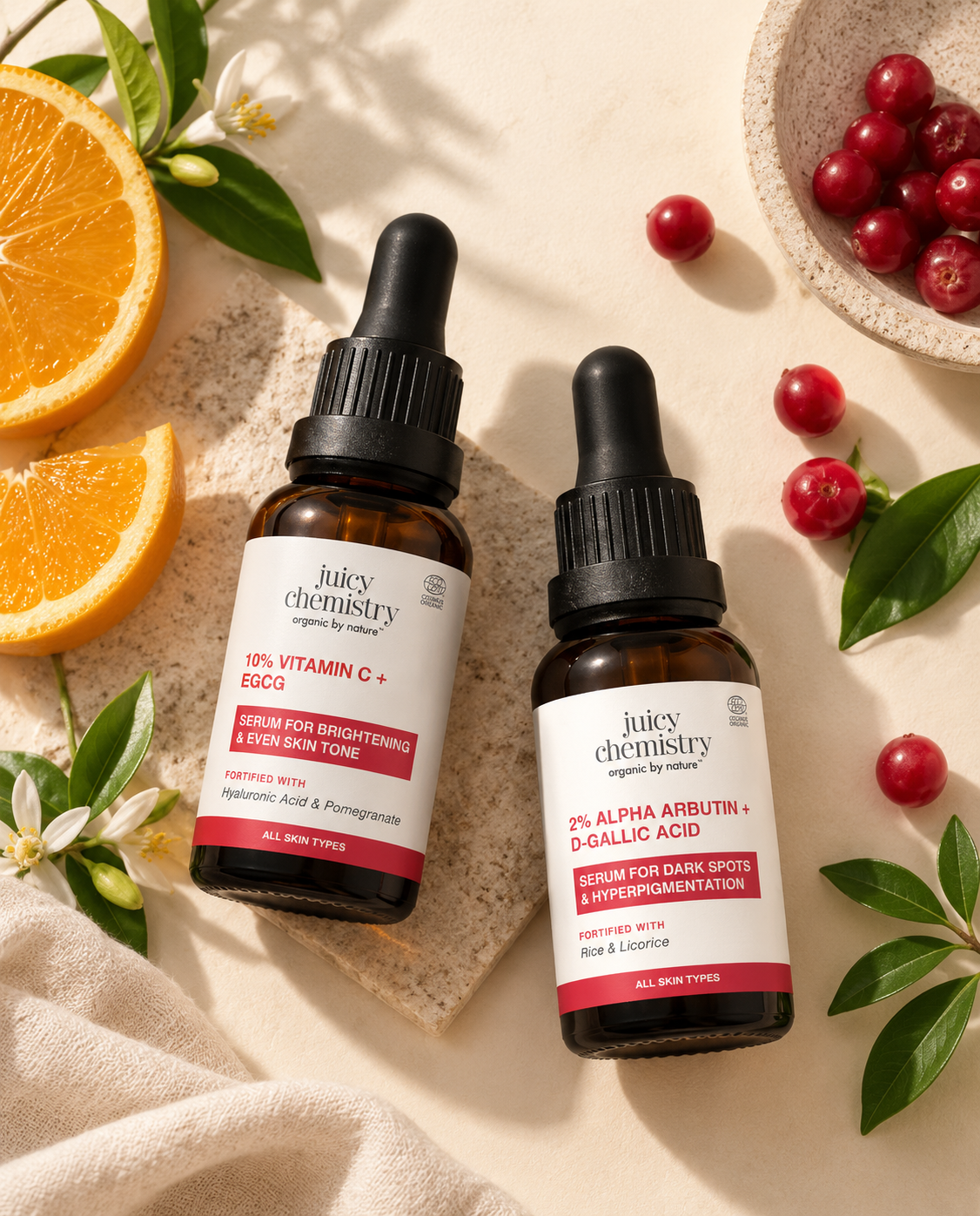 Vitamin C serum and alpha arbutin serum bottles side by side for dark spot and pigmentation comparison