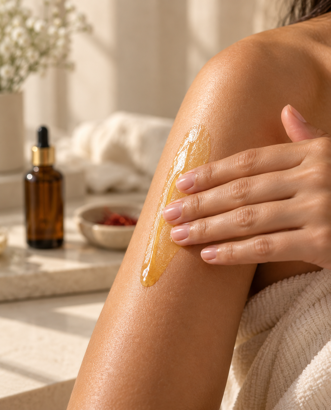 Applying nourishing ayurvedic oil to repair damaged skin barrier