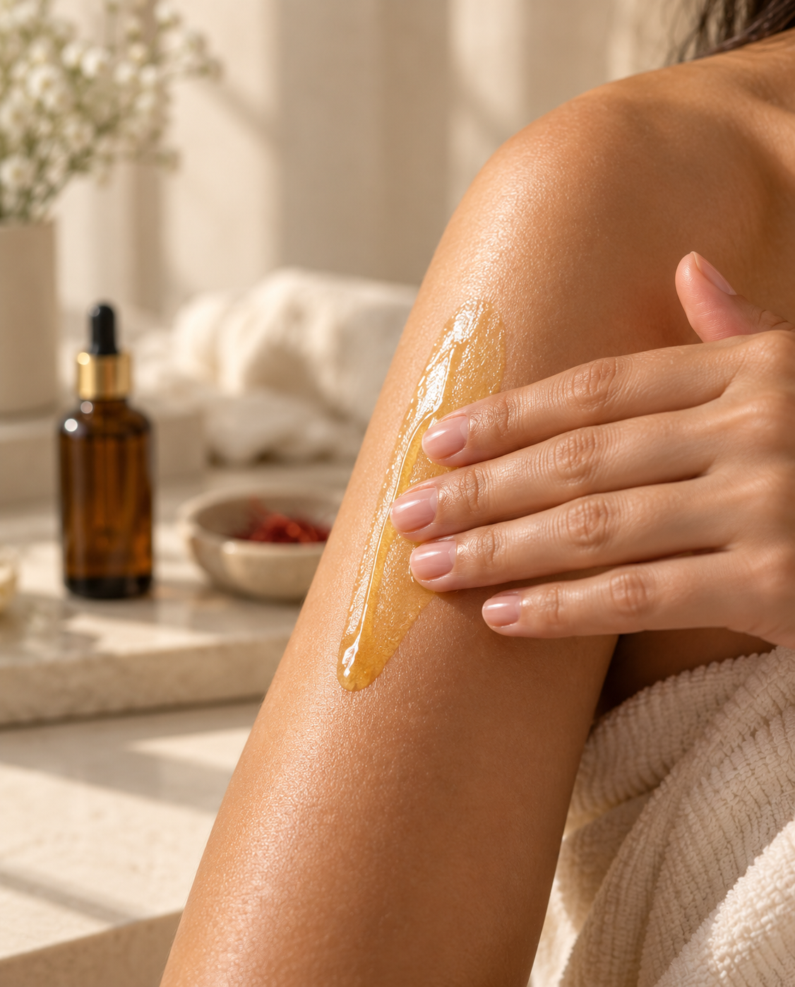 Applying nourishing ayurvedic oil to repair damaged skin barrier