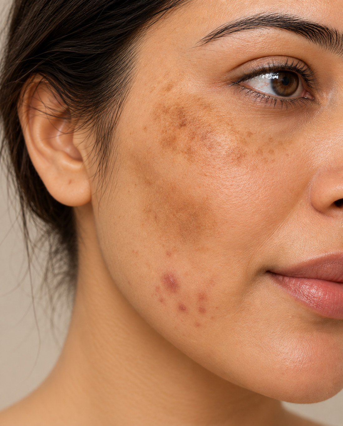 Close-up of skin showing pigmentation to illustrate melasma versus tan versus acne marks