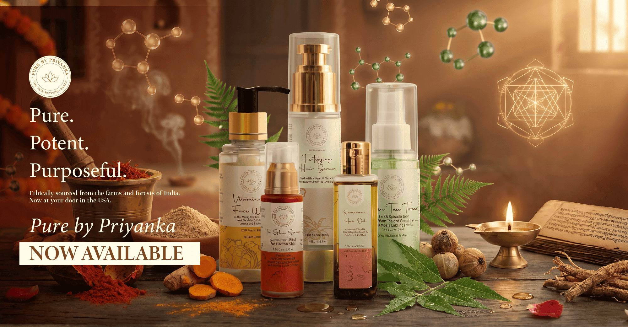 Pure by Priyanka skincare and hair care lineup including vitamin face wash, kumkumadi glow serum, fortifying hair serum, hair oil, and green tea toner, with turmeric, ginger, and neem leaves