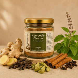 a jar of Ayurveda churna with its ingredients - cinnamon, ginger, tulsi, clove, cardamom