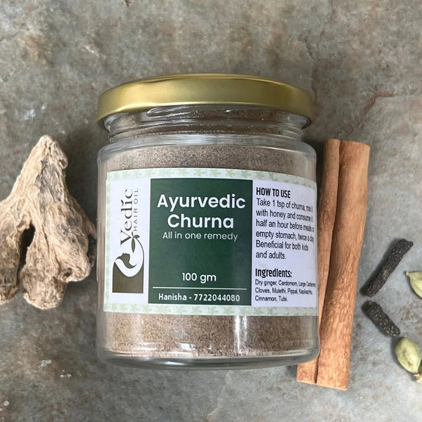 a jar of Ayurveda Churna with its ingredients 