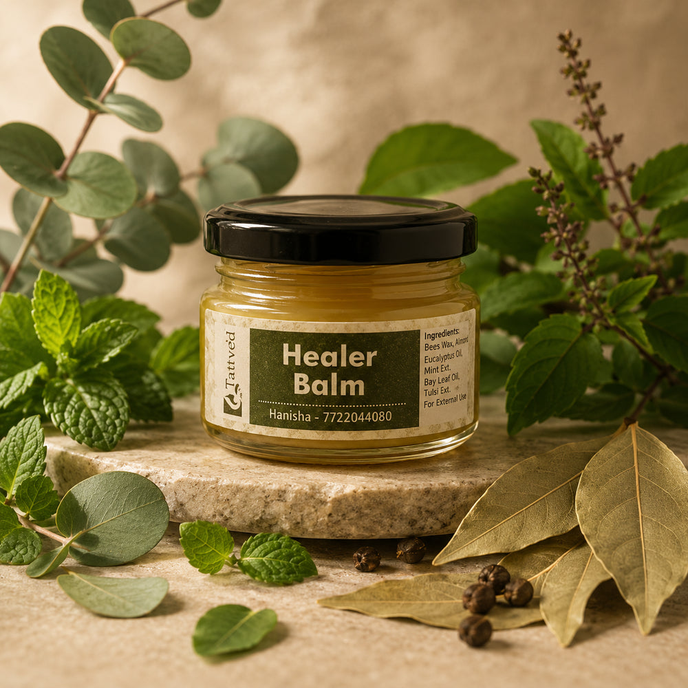a jar of healer balm surrounded by its ingredients