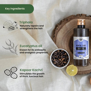 Kunta hair spa ingredients - Triphala, eucalyptus oil and Kapoor Kachri