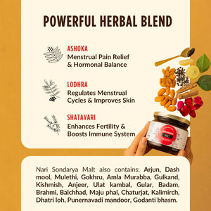Nari Soundarya Malt with ingredients & their benefits - Ashoka, Lodhra & Shatavari 