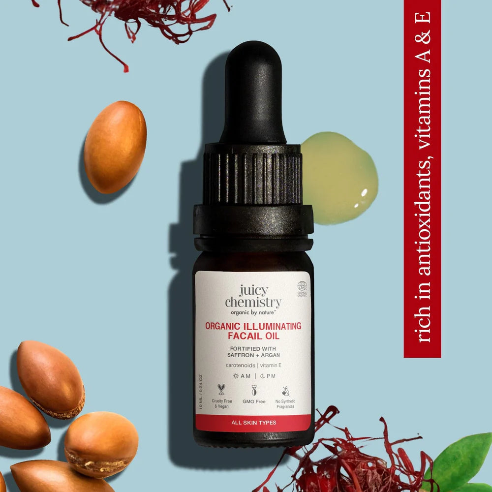 bottle of Saffron & Argan facial oil with ingredients - rich in antioxidants, Vitamin A & E