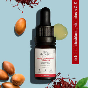 bottle of Saffron & Argan facial oil with ingredients - rich in antioxidants, Vitamin A & E