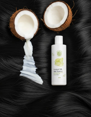 a bottle of coconut milk hair cleaner and a 2 coconuts displayed on black hair 
