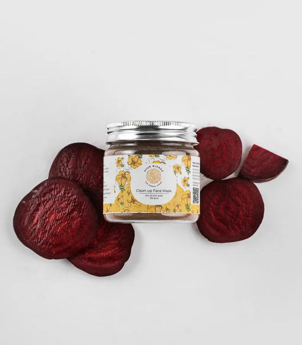 a jar of clean up face mask surrounded with slices of beetroot 