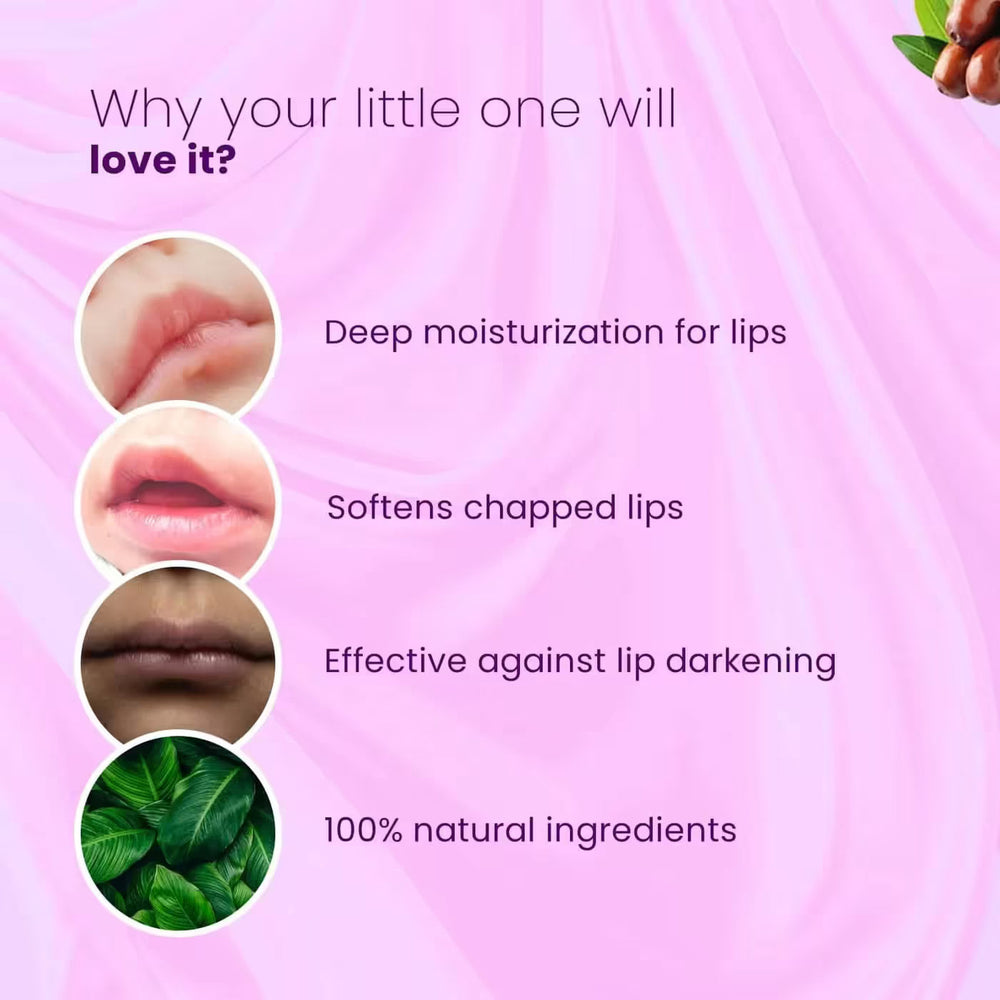 Organic baby lip balm jar with ingredients label, made with natural, gentle ingredients safe for babies