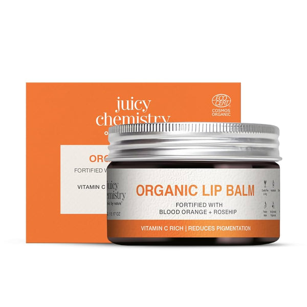 Juicy Chemistry Organic Lip Balm jar and box, fortified with blood orange and rosehip, vitamin C rich, reduces pigmentation