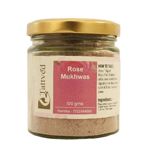 Tattved Rose Mukhwas jar, 100 gms, with ingredients label on a plain white background