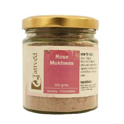 Tattved Rose Mukhwas jar, 100 gms, with ingredients label on a plain white background