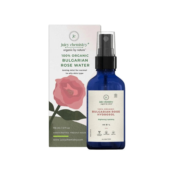 Juicy Chemistry 100% Organic Bulgarian Rose Water toning mist and hydrosol bottle with box, brightening and hydrating for all skin types