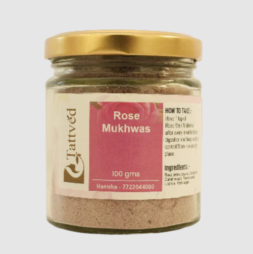 Tattved Rose Mukhwas jar, 100 gms, with ingredients label on a plain white background