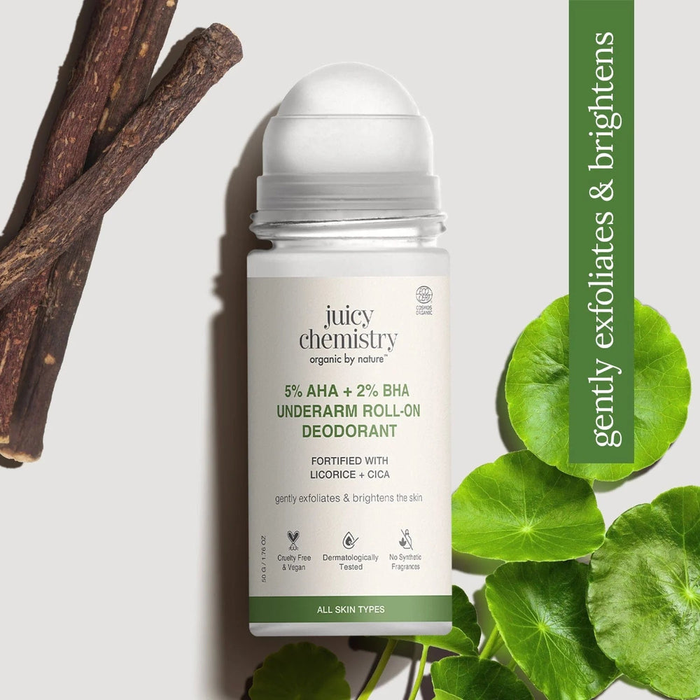 Key ingredients in Juicy Chemistry Licorice + Cica underarm roll-on deodorant: licorice, cica, AHA lactic acid, BHA salicylic acid