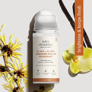 Key ingredients in Juicy Chemistry Vanilla + Witch Hazel underarm roll-on deodorant: vanilla, witch hazel, 5% AHA, 2% BHA