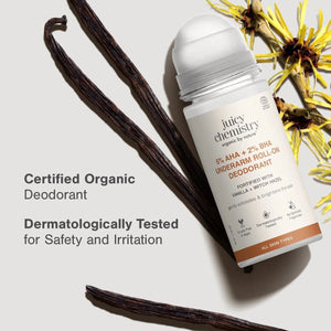 Juicy Chemistry Vanilla + Witch Hazel underarm roll-on deodorant with vanilla pods and witch hazel flowers — certified organic, dermatologically tested