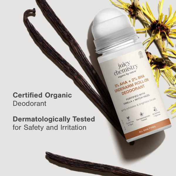 Juicy Chemistry Vanilla + Witch Hazel underarm roll-on deodorant with vanilla pods and witch hazel flowers — certified organic, dermatologically tested