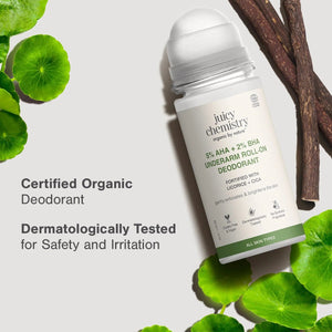 Juicy Chemistry Licorice + Cica underarm roll-on deodorant with licorice root and cica leaves — certified organic, dermatologically tested