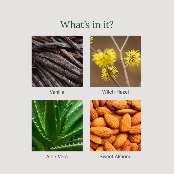 Ingredients in Juicy Chemistry Vanilla + Witch Hazel deodorant: vanilla, witch hazel, aloe vera, sweet almond