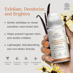 Juicy Chemistry Vanilla + Witch Hazel roll-on deodorant held in hand — exfoliates, deodorizes, and brightens underarms, prevents ingrown hairs