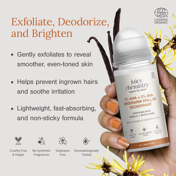 Juicy Chemistry Vanilla + Witch Hazel roll-on deodorant held in hand — exfoliates, deodorizes, and brightens underarms, prevents ingrown hairs