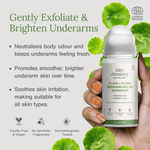Juicy Chemistry Licorice + Cica roll-on deodorant held in hand — gently exfoliates and brightens underarms, neutralises body odour