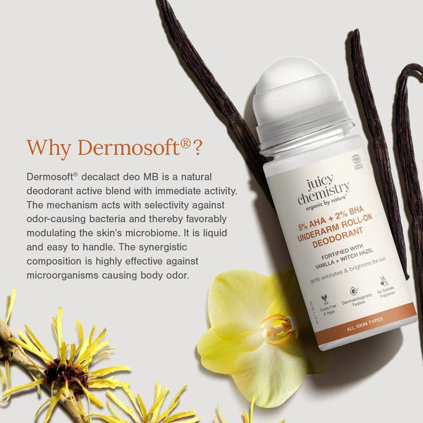 Juicy Chemistry Vanilla + Witch Hazel deodorant with vanilla pods and orchid. Why Dermosoft naturally targets odor-causing bacteria