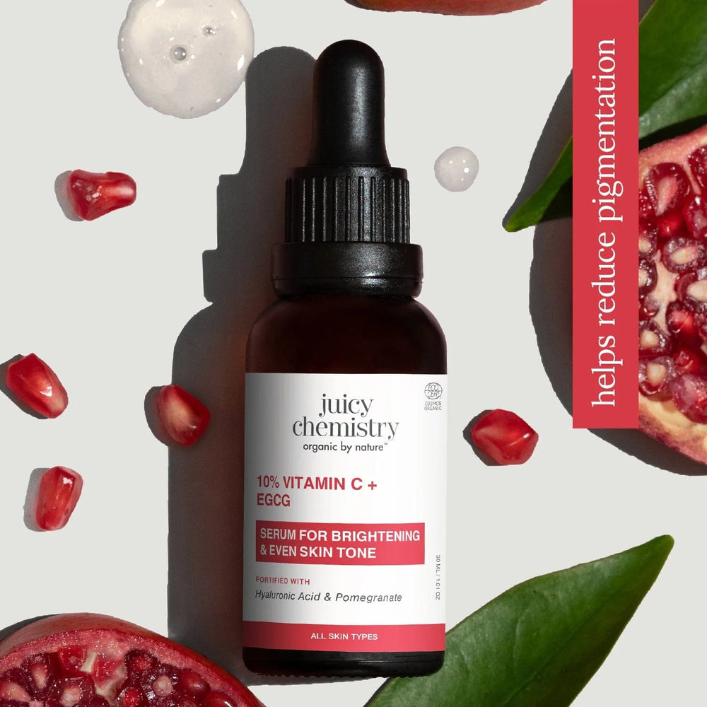Juicy Chemistry 10% Vitamin C + EGCG serum bottle with pomegranate seeds, helps reduce pigmentation for brighter, even skin tone