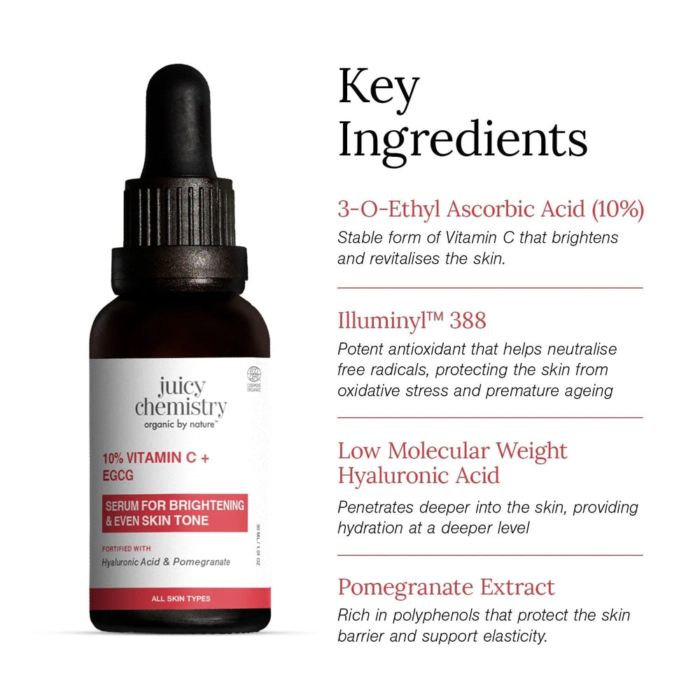 Juicy Chemistry 10% Vitamin C + EGCG serum bottle with pomegranate seeds, helps reduce pigmentation for brighter, even skin tone