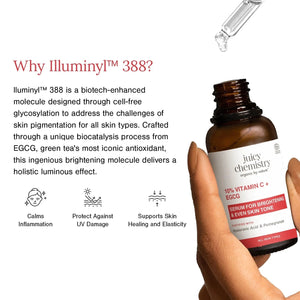 Juicy Chemistry serum bottle held in hand — why Illuminyl 388 from EGCG calms inflammation, protects against UV damage, and supports skin healing