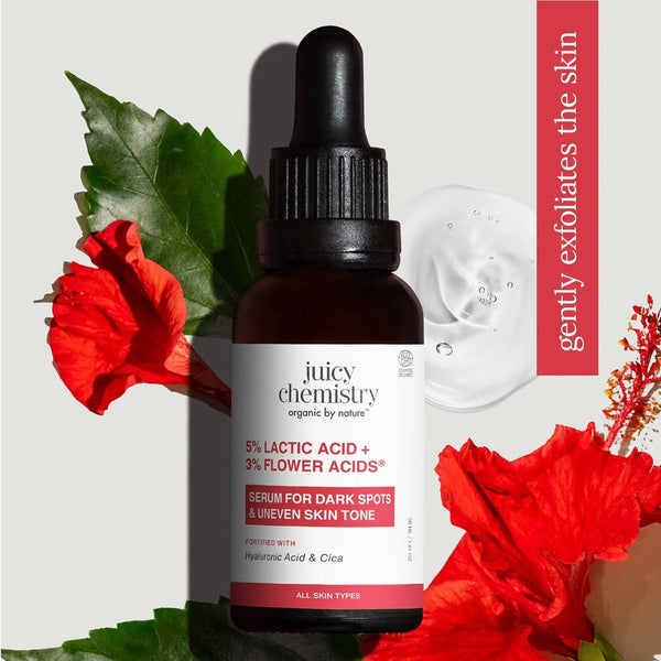 Juicy Chemistry 5% Lactic Acid + 3% Flower Acids serum bottle with hibiscus flowers, gently exfoliates the skin for dark spots and uneven tone