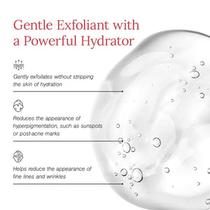 Close-up gel texture of Juicy Chemistry serum, a gentle exfoliant with a powerful hydrator that reduces hyperpigmentation and fine lines