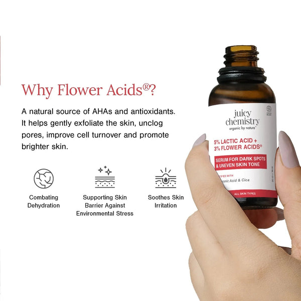 Juicy Chemistry serum held in hand — why flower acids combat dehydration, support the skin barrier, and soothe irritation
