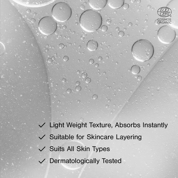 Close-up bubbly gel texture of Juicy Chemistry serum — lightweight, absorbs instantly, suitable for skincare layering, dermatologically tested