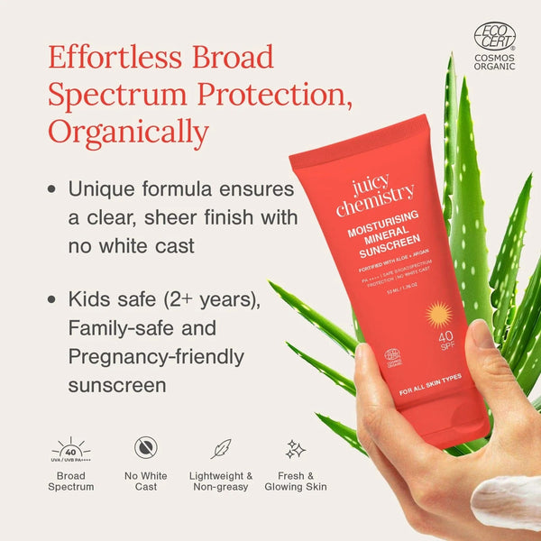 Juicy Chemistry Moisturizing Mineral Sunscreen offers effortless organic broad spectrum protection, no white cast, safe for kids 2+ and pregnancy-friendly